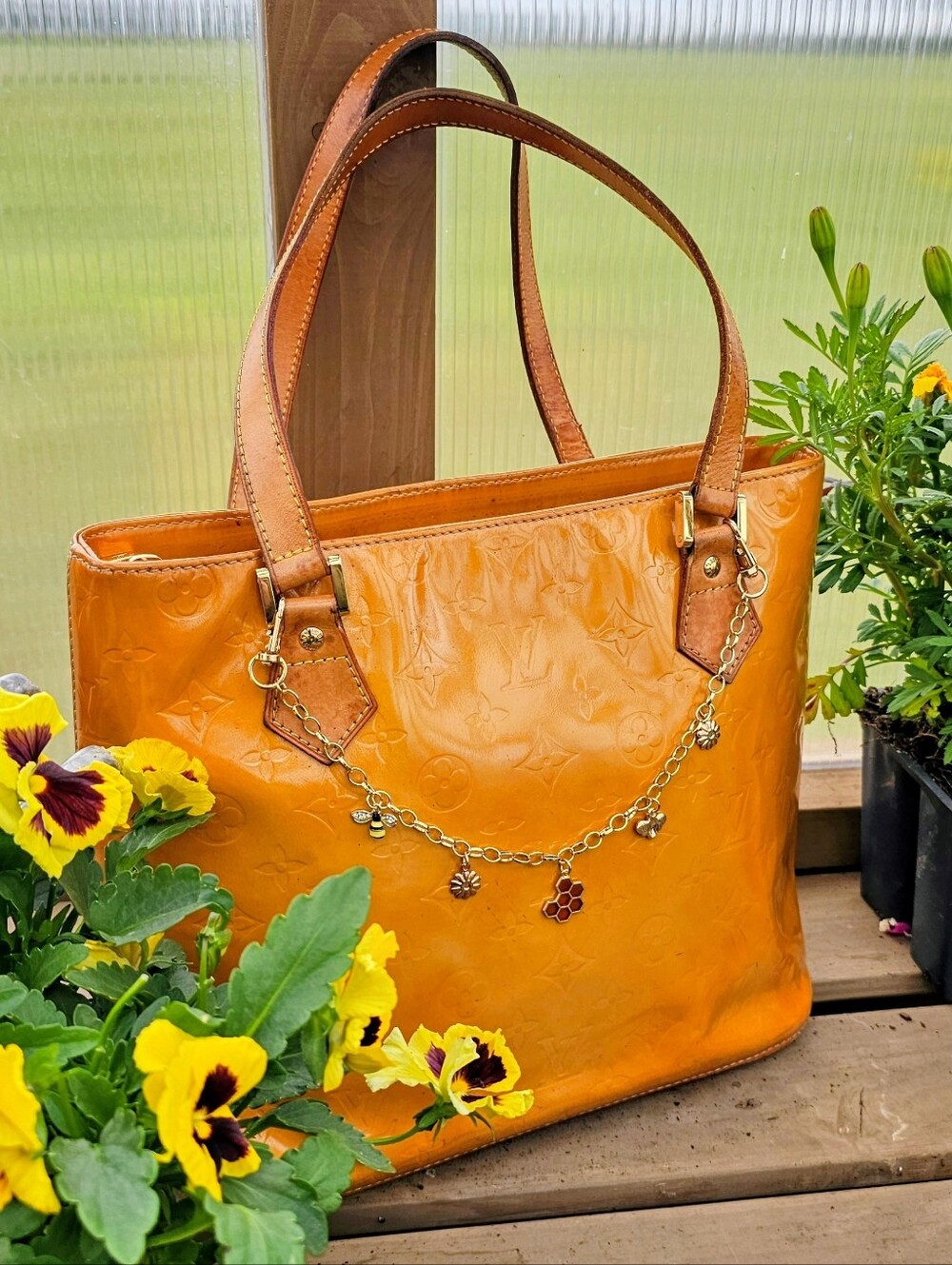 Louis Vuitton Orange Vernis Monogram Shoulder Bag with Charm Chain